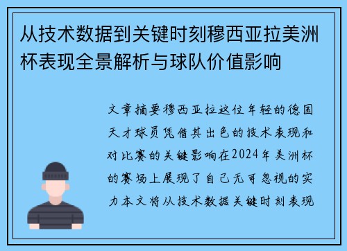 从技术数据到关键时刻穆西亚拉美洲杯表现全景解析与球队价值影响